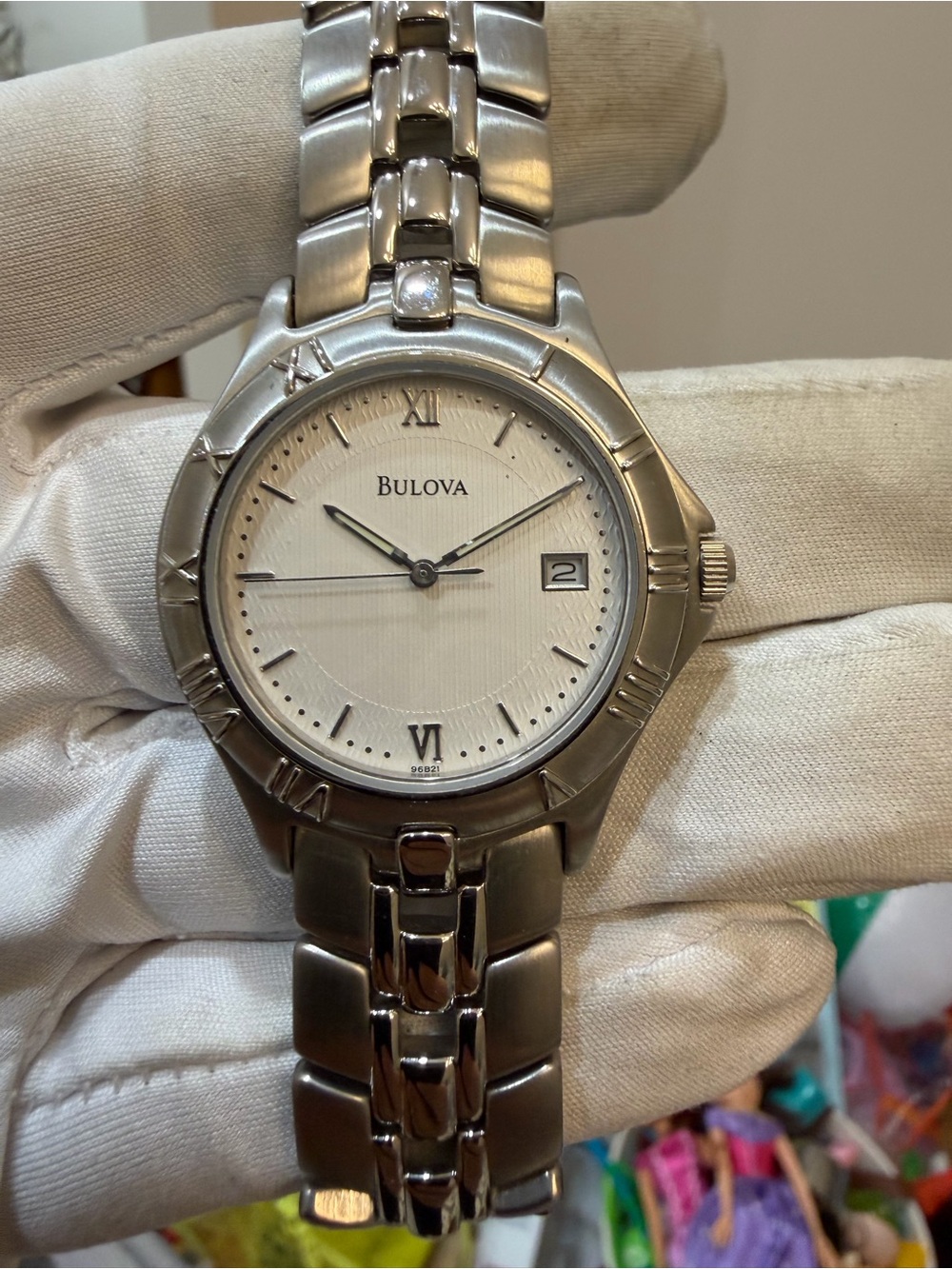 Bulova 96B21 Stainless Steel White Pinstripe Dial Roman Bezel Quartz Watch T9